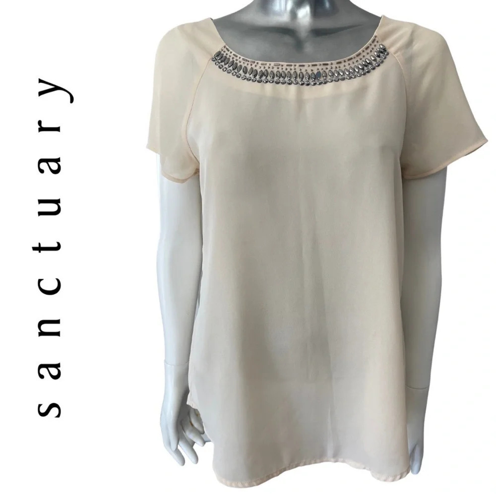 🛍️ Sanctuary Cream  Blouse Beaded Neckline Short Sleeve Size Small